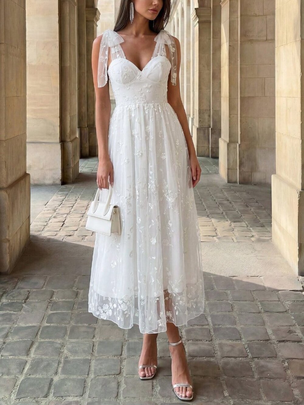 White Elegant Women's lacey midi Dress - Picture 3 of 6